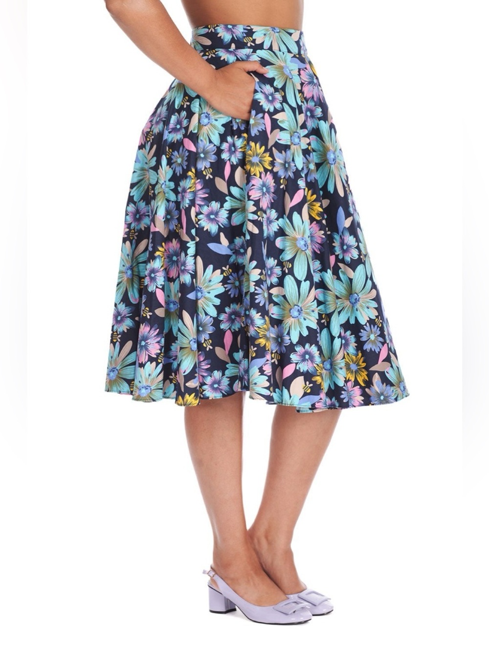 Banned Apparel Pinup Retro Floral Bee Print A-Line Midi Skirt XXL - Picture 2 of 4